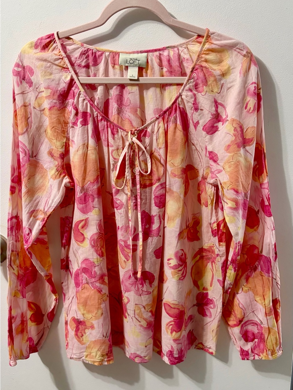 LOFT Pink and Yellow Floral Peasant Blouse